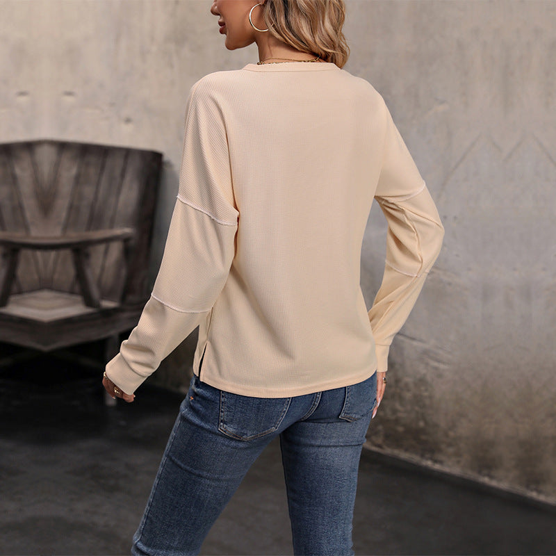 Women’s Knit Top – Relaxed Fit – Long Sleeve – Round Neck – Button Front Casual Wear