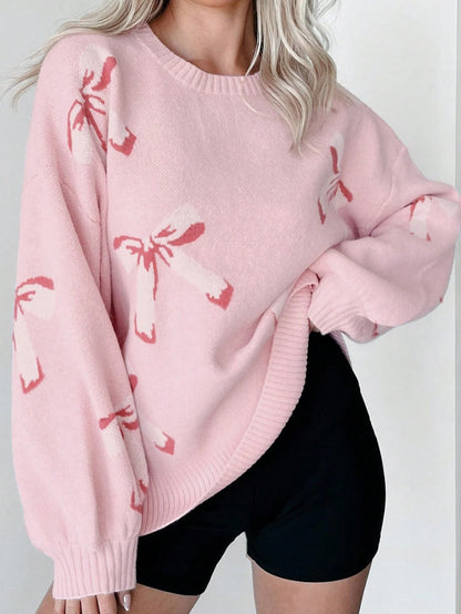 Women’s Pullover Sweater – Oversized Fit – Wool Knit – Jacquard Bow Pattern – Crew Neck