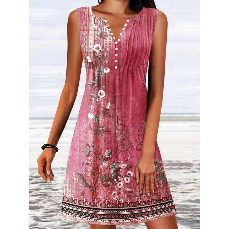 Sleeveless - Floral Print - V-Neck - Decorative Buttons Dress