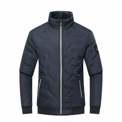 Men’s Quilted Jacket – Slim Fit – Chevron Pattern – Stand Collar – Zippered Pockets