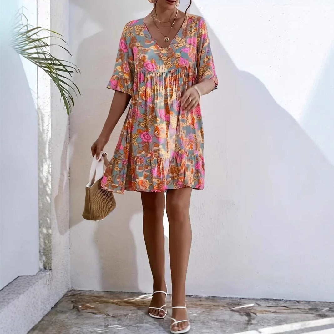 Women’s Mini Dress – Flowy A-Line Fit – V-Neck – 3/4 Ruffle Sleeve – Floral Cotton