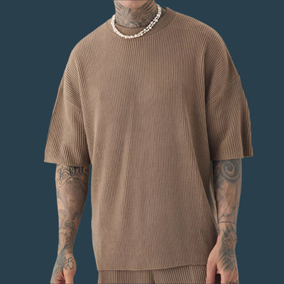 Men’s Casual Set – Soft Ribbed Knit – Relaxed Fit – Short Sleeve Top and Shorts