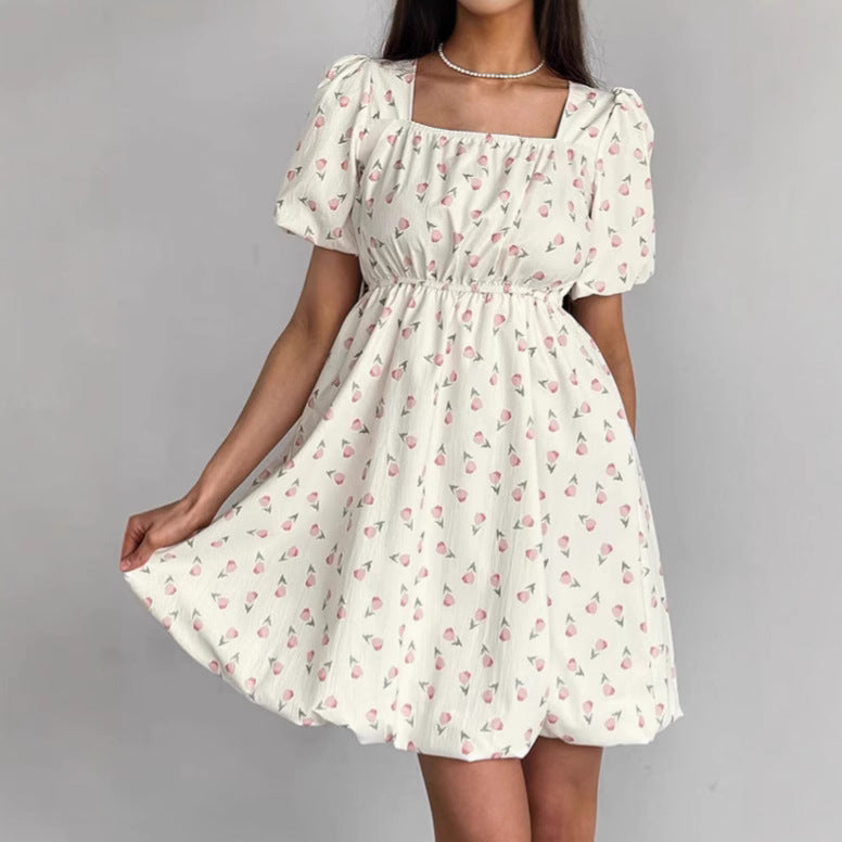 Women’s A-Line Dress – Puff Sleeves – Square Neck – Floral Print – Fitted Waist