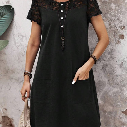 Women's Short Sleeve Dress - Lace Yoke - Buttoned Front - Casual Style