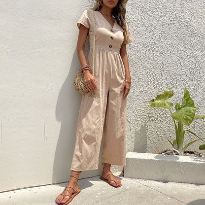Women’s Jumpsuit – Wide Leg – Button Front – Relaxed Fit – Short Sleeve