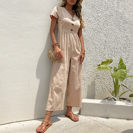 Women’s Jumpsuit – Wide Leg – Button Front – Relaxed Fit – Short Sleeve