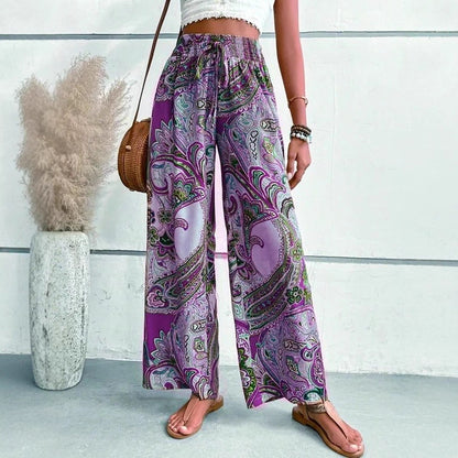 Women’s Wide-Leg Trousers – Bohemian Print – High Waist Tie Belt – Flowy Fit