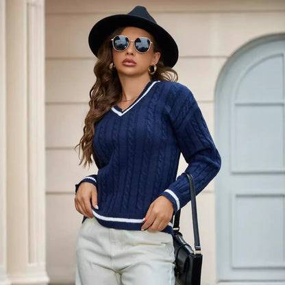Women’s V-Neck Sweater – Relaxed Fit – Cable Knit – Ribbed Hem – Soft Textured Feel