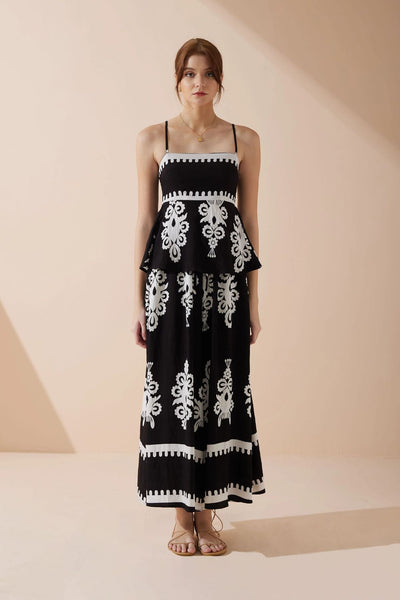 Women’s Top and Skirt Set – Peplum Fit – Ethnic Print – Lightweight Cotton – Midi Skirt