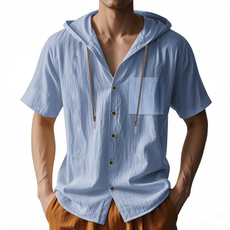 Men’s Hooded Shirt – Linen Blend – Relaxed Fit – Short Sleeve – Button-Up Casual Top