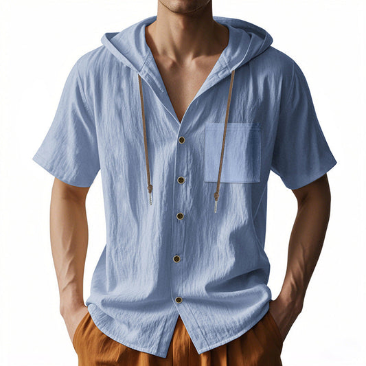 Men’s Hooded Shirt – Linen Blend – Relaxed Fit – Short Sleeve – Button-Up Casual Top