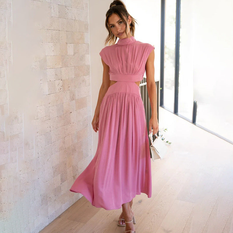 Women’s Midi Dress – Fitted Silhouette – Pleated Bodice – Waist Cut-Out – Cap Sleeves