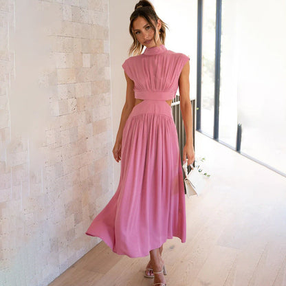 Women’s Midi Dress – Fitted Silhouette – Pleated Bodice – Waist Cut-Out – Cap Sleeves