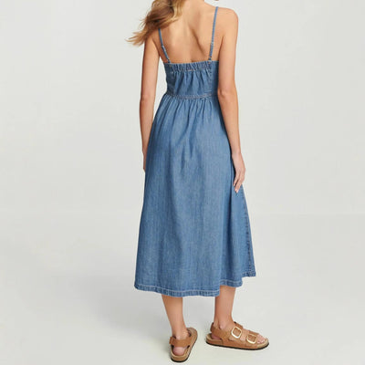 Women’s Midi Dress – Denim – A-Line Fit – Spaghetti Straps – Elastic Back Casual Wear