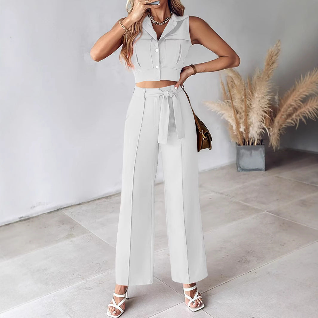 Women’s Pant Set – Sleeveless Crop Top – Wide Leg High Waist Trousers – Belted Waist