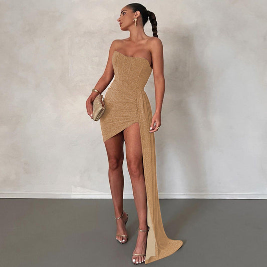 Women’s Mini Dress – Strapless Bodycon Fit – Satin Feel – Draped Waist Asymmetrical Hem