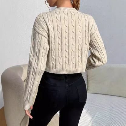 Women’s Pullover Sweater – Cable Knit Wool Blend – Cropped Slim Fit – Long Sleeve Casual