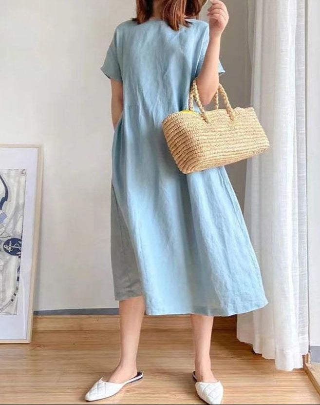 Women’s Midi Dress – Loose Fit – Lightweight Breathable Fabric – Short Sleeve Casual Style