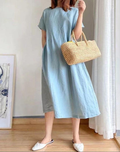 Women’s Midi Dress – Loose Fit – Lightweight Breathable Fabric – Short Sleeve Casual Style