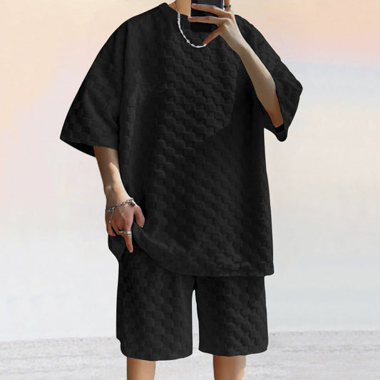Men’s Casual Set – Jacquard Knit – Oversized Shirt & Relaxed Fit Shorts