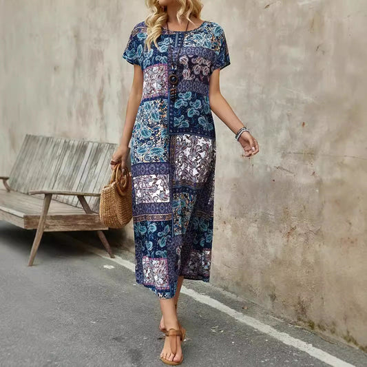 Women’s Long Dress – Relaxed Fit – Short Sleeve – Patchwork Paisley – Breathable Blend