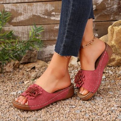 Women’s Wedge Sandals – Open Toe – Perforated Upper – Floral Accent – Cushioned Footbed