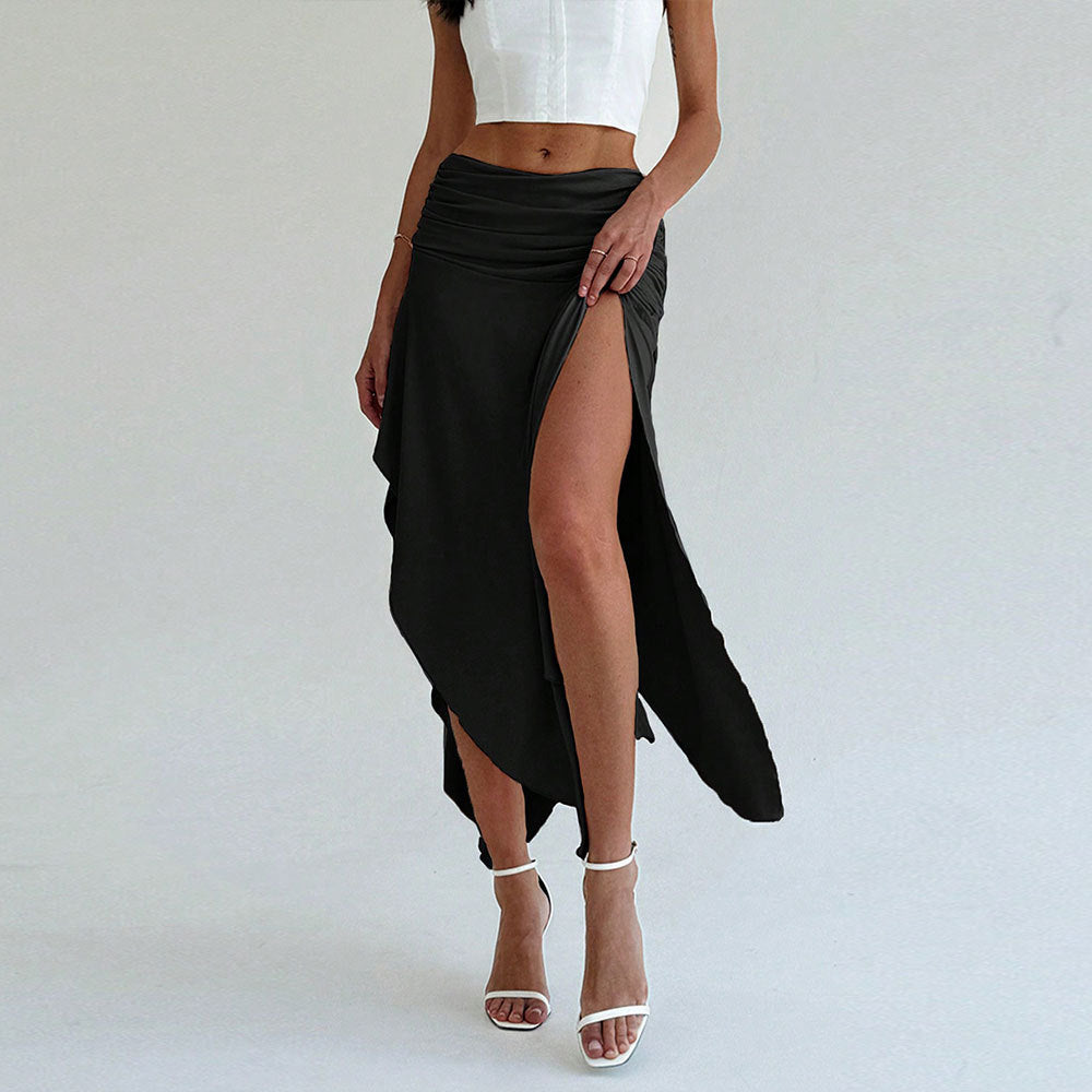 Women’s Midi Skirt – Satin Finish – Ruched Waist – Asymmetrical Hem – Elegant Fit