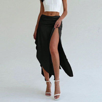 Women’s Midi Skirt – Satin Finish – Ruched Waist – Asymmetrical Hem – Elegant Fit