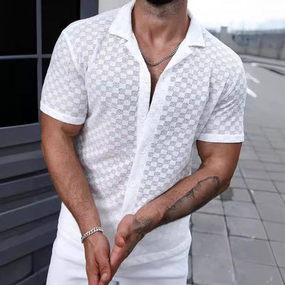 Men’s Knit Shirt – Relaxed Fit – Button-Up – Lace Detail – Short Sleeve Casual Wear