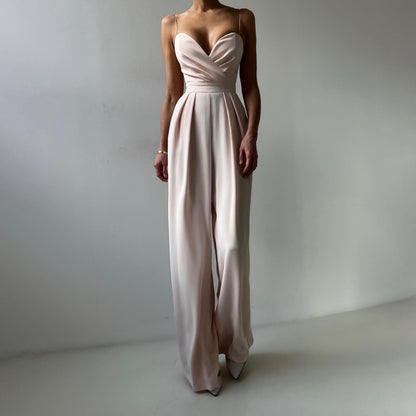 Women’s Jumpsuit – Sweetheart Neckline – Ruched Bodice – Wide Leg – Silky Finish