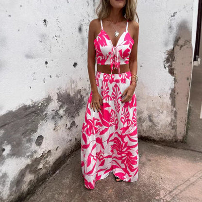Women’s Two-Piece Set – Tie-Front Crop Top – High Waist Maxi Skirt – Breathable Blend