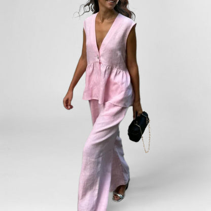 Women’s Vest and Pants Set – Linen Blend – Peplum Waist – High-Waist Wide-Leg