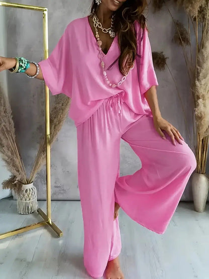 Women’s V-neck Top and Wide-Leg Trousers Set – Relaxed Fit – Soft Breathable Blend
