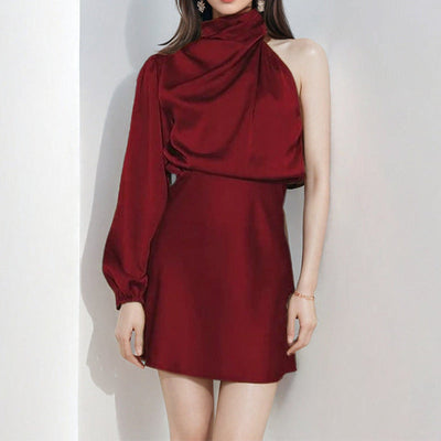 Women’s Mini Dress – Satin Bodycon – One Shoulder – Long Sleeve – Slim Fit Party Wear