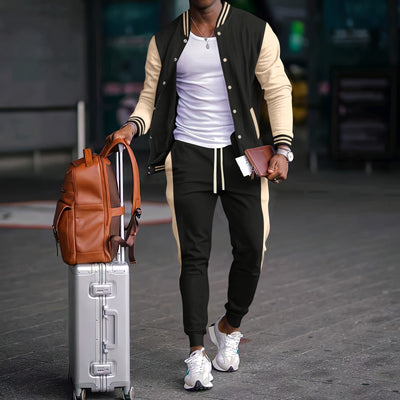 Men’s Athleisure Set – Tailored Fit – Contrast Sleeves – Snap Button Closure - Adjustable Drawstring Pants - With Side Pockets