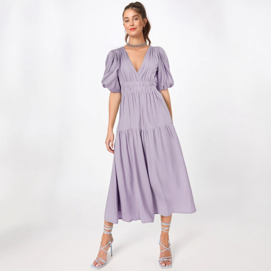 Women’s Midi Dress – Lightweight Fabric – Deep V-Neck – Puff Sleeves – Tiered Skirt