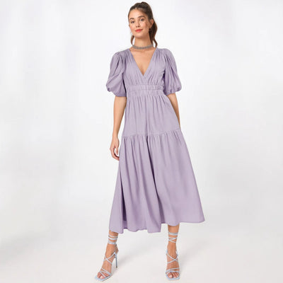 Women’s Midi Dress – Lightweight Fabric – Deep V-Neck – Puff Sleeves – Tiered Skirt