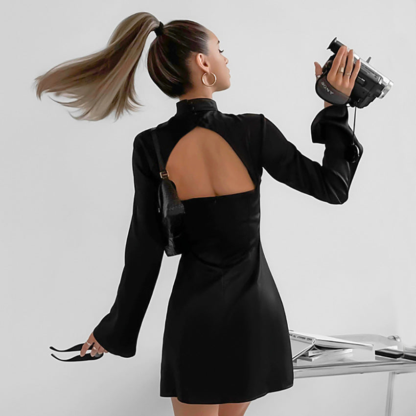 Women’s Mini Dress – Satin – Form-Fitting – Stand Collar – Bell Sleeve – Slit Hem