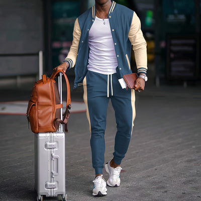 Men’s Athleisure Set – Tailored Fit – Contrast Sleeves – Snap Button Closure - Adjustable Drawstring Pants - With Side Pockets