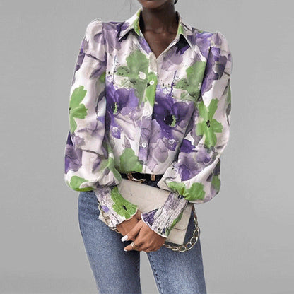 Women’s Button-Down Shirt – Oversized Fit – Puff Sleeve – Floral Print – Smocked Cuffs