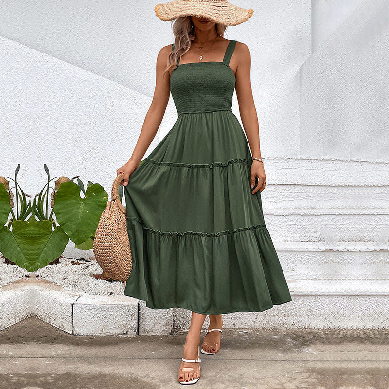 Women’s Sleeveless Midi Dress – Smocked Bodice – Tiered Skirt – Cotton Blend