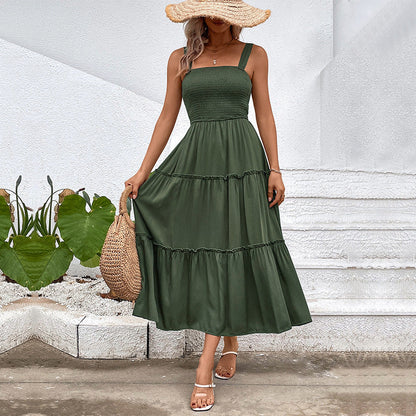 Women’s Sleeveless Midi Dress – Smocked Bodice – Tiered Skirt – Cotton Blend