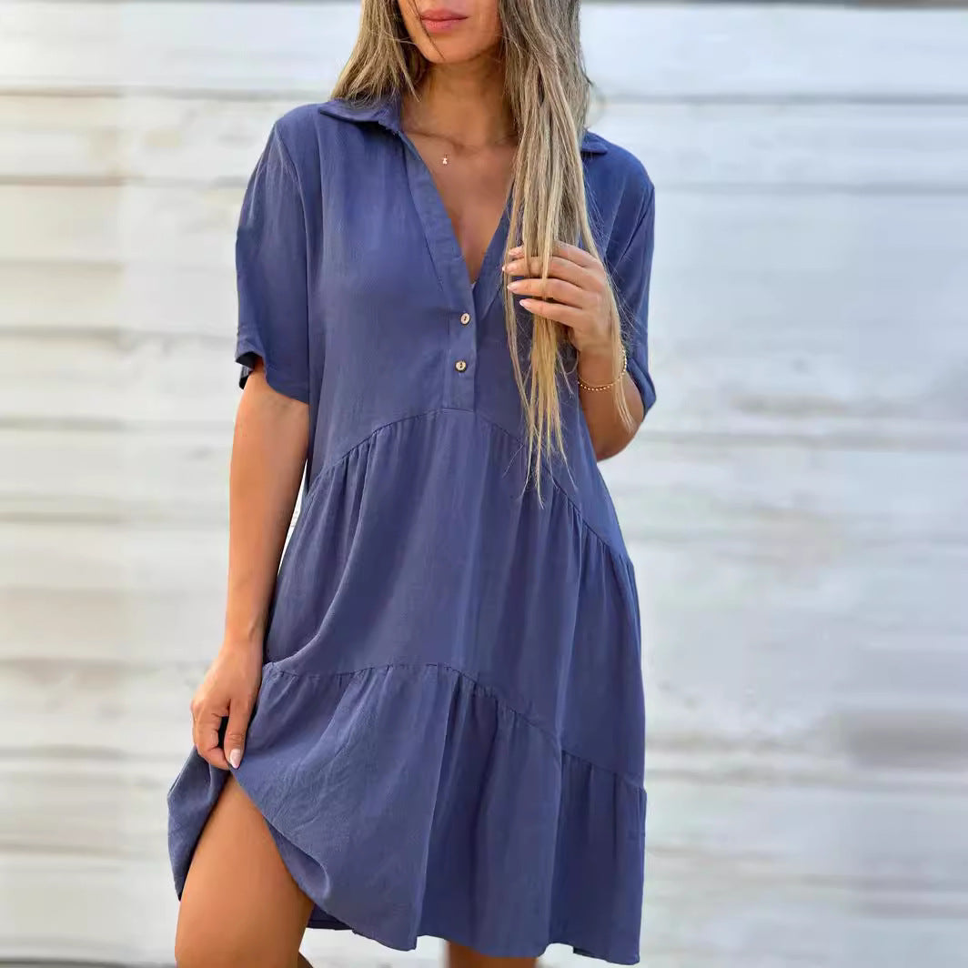 Women’s Mini Dress – Relaxed Fit – Short Sleeve – Collared – Tiered Natural Fibers