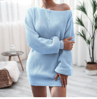 Women’s Sweater Dress – Knit Wool Blend – Off-Shoulder – Lantern Sleeve – Relaxed Fit