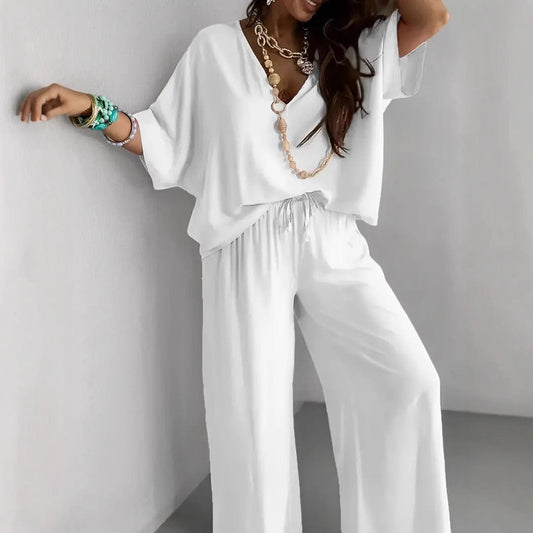 Women’s V-neck Top and Wide-Leg Trousers Set – Relaxed Fit – Soft Breathable Blend