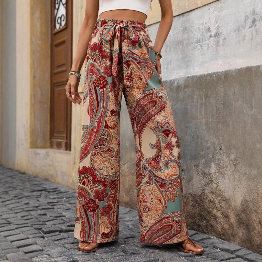 Women’s Wide-Leg Trousers – Bohemian Print – High Waist Tie Belt – Flowy Fit