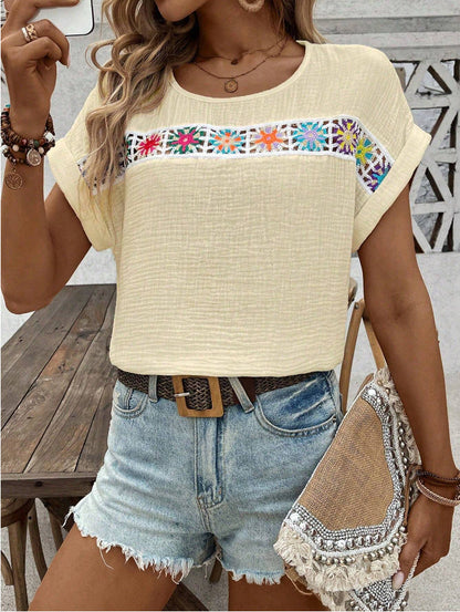 Women’s Blouse – Relaxed Fit – Boho Embroidery – Breathable Crinkled Fabric – Short Sleeve