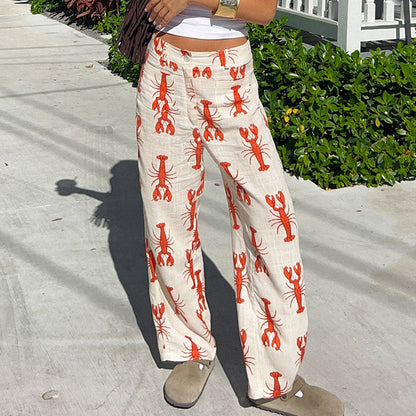 Women’s Straight Leg Trousers – Relaxed Fit – Bold Lobster Print – Breathable Blend