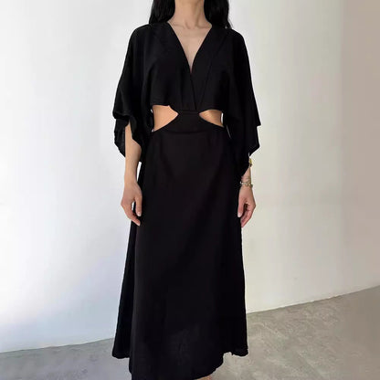 Women’s Maxi Dress – Cotton Linen Blend – Slim Fit – V-Neck – High Slit – Cut-Out Waist