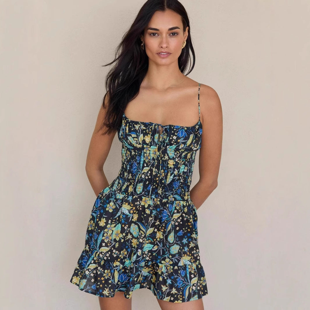 Women’s Sundress – Lightweight – Smocked Waist – Floral Print – Ruffle Hem